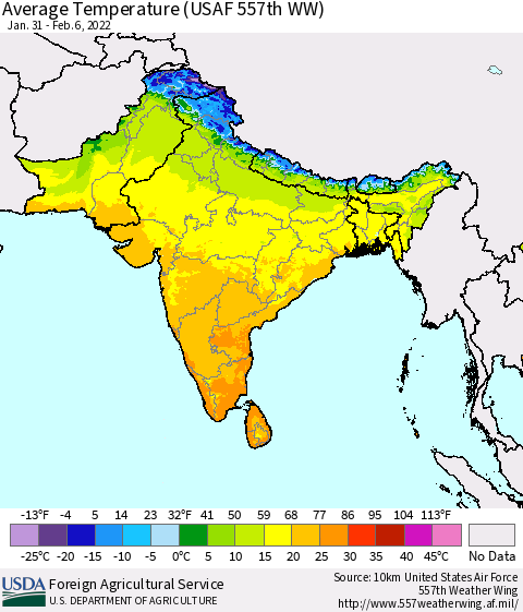 Southern Asia Average Temperature (USAF 557th WW) Thematic Map For 1/31/2022 - 2/6/2022