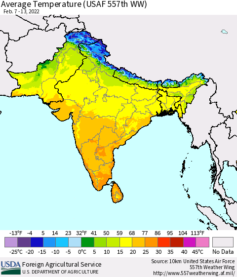 Southern Asia Average Temperature (USAF 557th WW) Thematic Map For 2/7/2022 - 2/13/2022