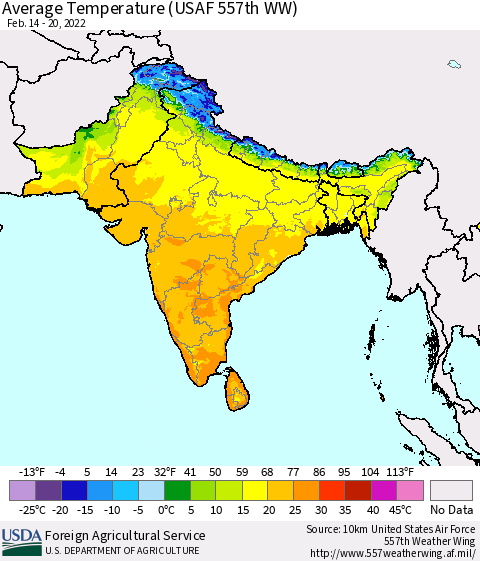 Southern Asia Average Temperature (USAF 557th WW) Thematic Map For 2/14/2022 - 2/20/2022