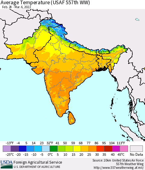 Southern Asia Average Temperature (USAF 557th WW) Thematic Map For 2/28/2022 - 3/6/2022