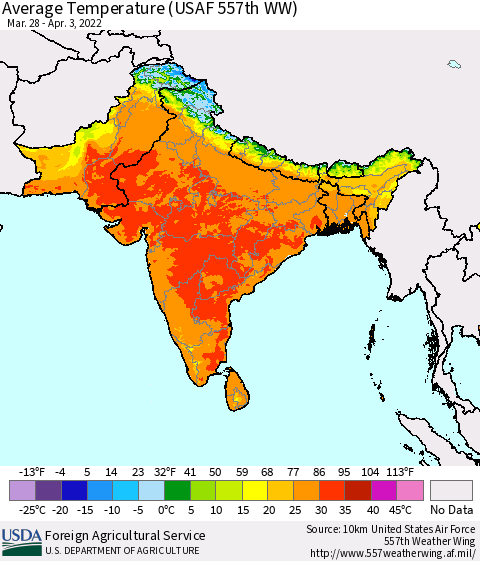 Southern Asia Average Temperature (USAF 557th WW) Thematic Map For 3/28/2022 - 4/3/2022
