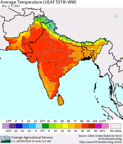 Southern Asia Average Temperature (USAF 557th WW) Thematic Map For 5/2/2022 - 5/8/2022