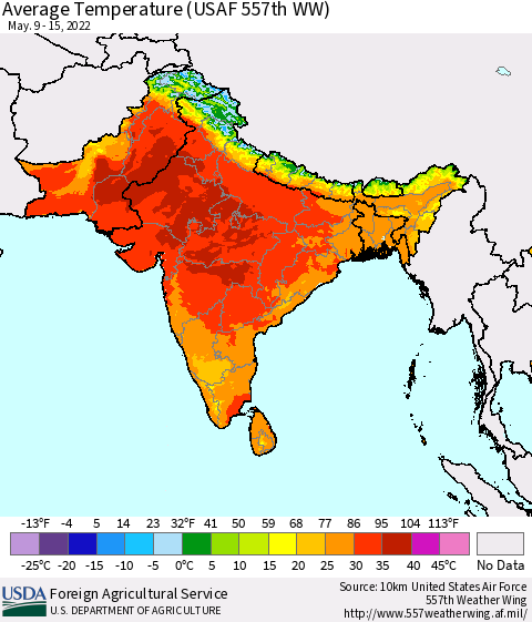 Southern Asia Average Temperature (USAF 557th WW) Thematic Map For 5/9/2022 - 5/15/2022