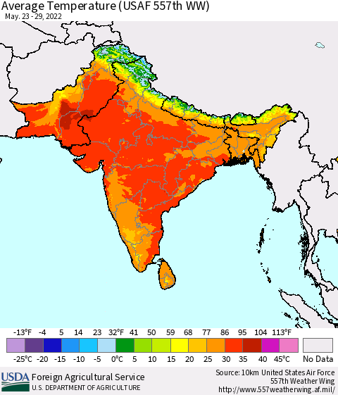 Southern Asia Average Temperature (USAF 557th WW) Thematic Map For 5/23/2022 - 5/29/2022