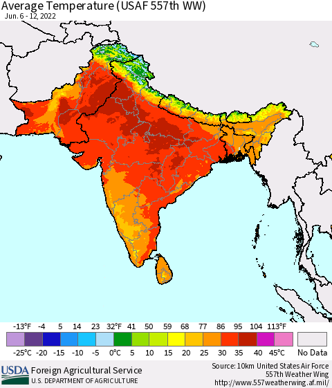 Southern Asia Average Temperature (USAF 557th WW) Thematic Map For 6/6/2022 - 6/12/2022