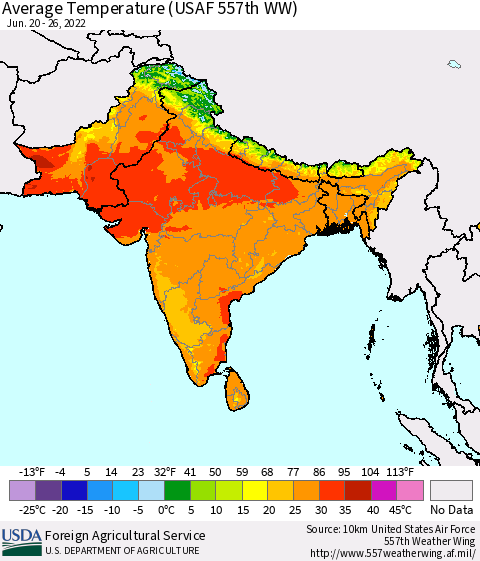 Southern Asia Average Temperature (USAF 557th WW) Thematic Map For 6/20/2022 - 6/26/2022