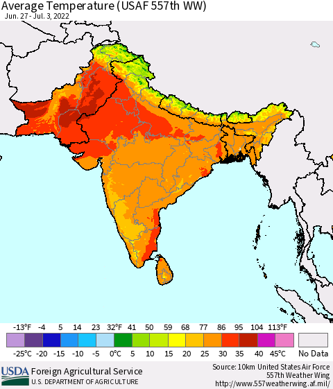 Southern Asia Average Temperature (USAF 557th WW) Thematic Map For 6/27/2022 - 7/3/2022