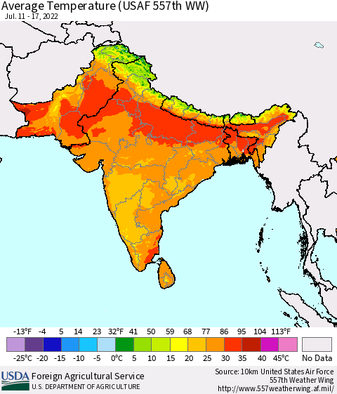 Southern Asia Average Temperature (USAF 557th WW) Thematic Map For 7/11/2022 - 7/17/2022