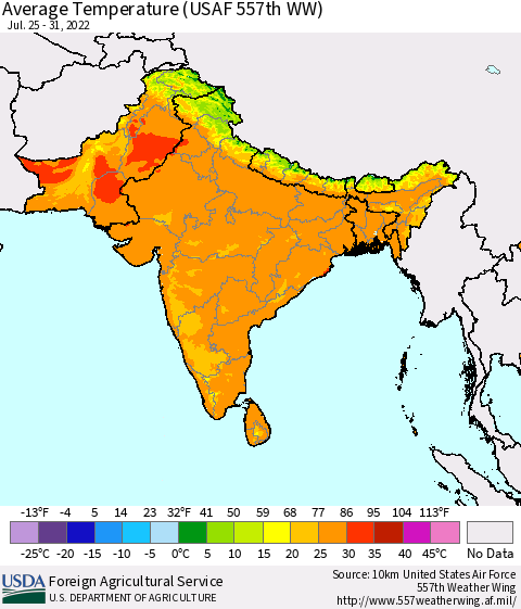 Southern Asia Average Temperature (USAF 557th WW) Thematic Map For 7/25/2022 - 7/31/2022