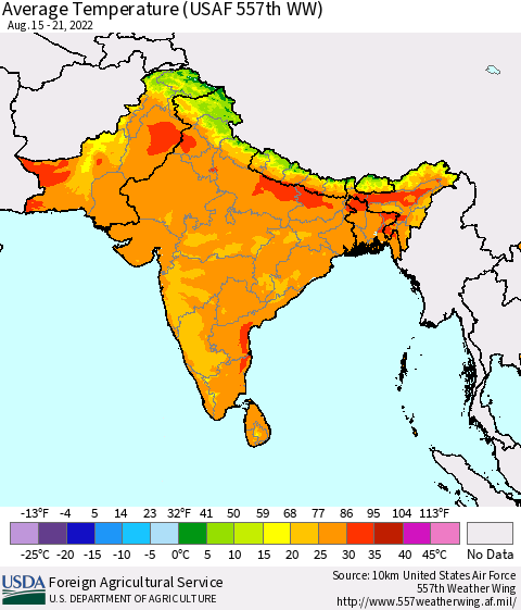 Southern Asia Average Temperature (USAF 557th WW) Thematic Map For 8/15/2022 - 8/21/2022