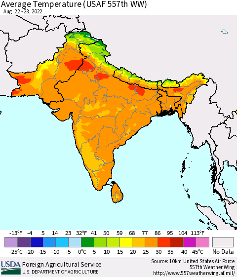 Southern Asia Average Temperature (USAF 557th WW) Thematic Map For 8/22/2022 - 8/28/2022