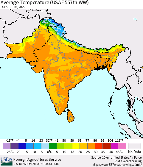 Southern Asia Average Temperature (USAF 557th WW) Thematic Map For 10/10/2022 - 10/16/2022