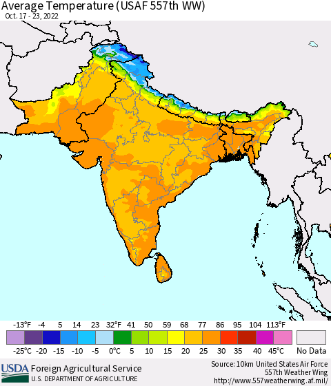 Southern Asia Average Temperature (USAF 557th WW) Thematic Map For 10/17/2022 - 10/23/2022