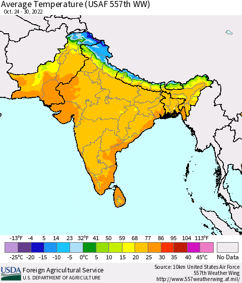 Southern Asia Average Temperature (USAF 557th WW) Thematic Map For 10/24/2022 - 10/30/2022