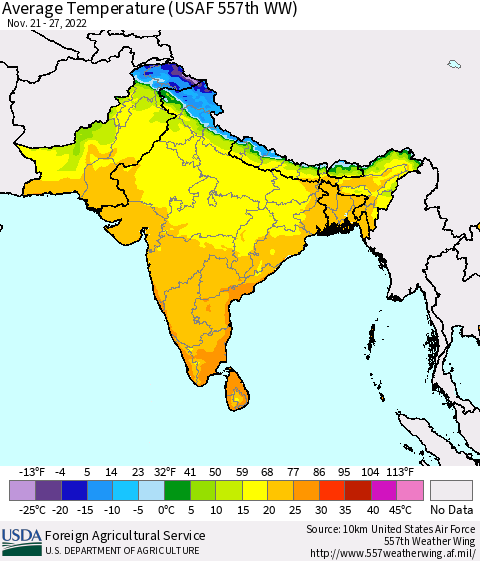 Southern Asia Average Temperature (USAF 557th WW) Thematic Map For 11/21/2022 - 11/27/2022