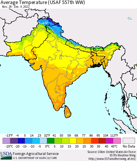 Southern Asia Average Temperature (USAF 557th WW) Thematic Map For 11/28/2022 - 12/4/2022