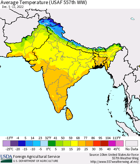 Southern Asia Average Temperature (USAF 557th WW) Thematic Map For 12/5/2022 - 12/11/2022