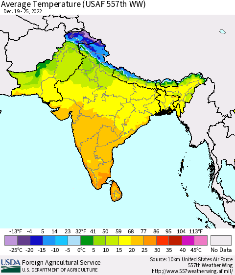 Southern Asia Average Temperature (USAF 557th WW) Thematic Map For 12/19/2022 - 12/25/2022