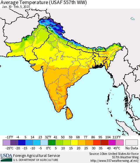 Southern Asia Average Temperature (USAF 557th WW) Thematic Map For 1/30/2023 - 2/5/2023