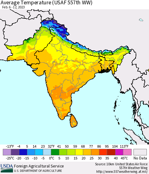 Southern Asia Average Temperature (USAF 557th WW) Thematic Map For 2/6/2023 - 2/12/2023