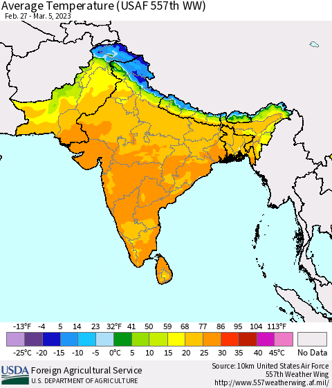 Southern Asia Average Temperature (USAF 557th WW) Thematic Map For 2/27/2023 - 3/5/2023