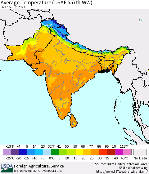 Southern Asia Average Temperature (USAF 557th WW) Thematic Map For 3/6/2023 - 3/12/2023