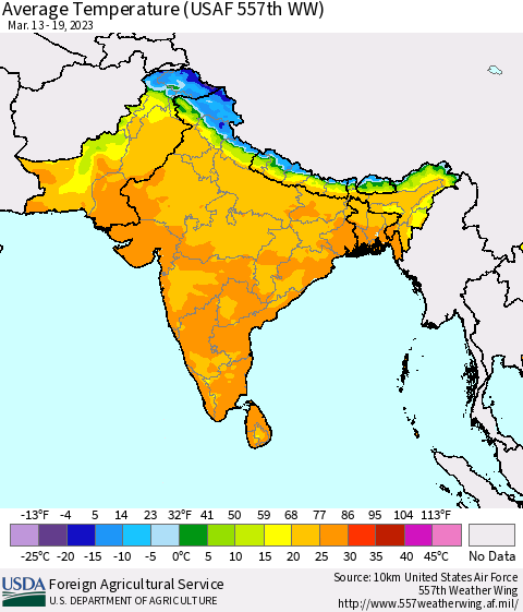 Southern Asia Average Temperature (USAF 557th WW) Thematic Map For 3/13/2023 - 3/19/2023