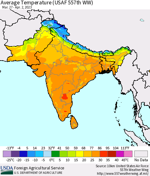 Southern Asia Average Temperature (USAF 557th WW) Thematic Map For 3/27/2023 - 4/2/2023