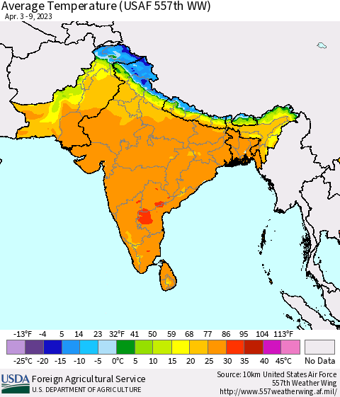 Southern Asia Average Temperature (USAF 557th WW) Thematic Map For 4/3/2023 - 4/9/2023