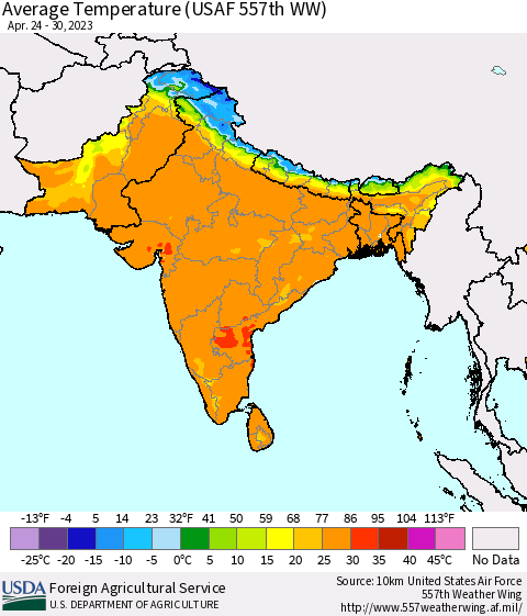 Southern Asia Average Temperature (USAF 557th WW) Thematic Map For 4/24/2023 - 4/30/2023