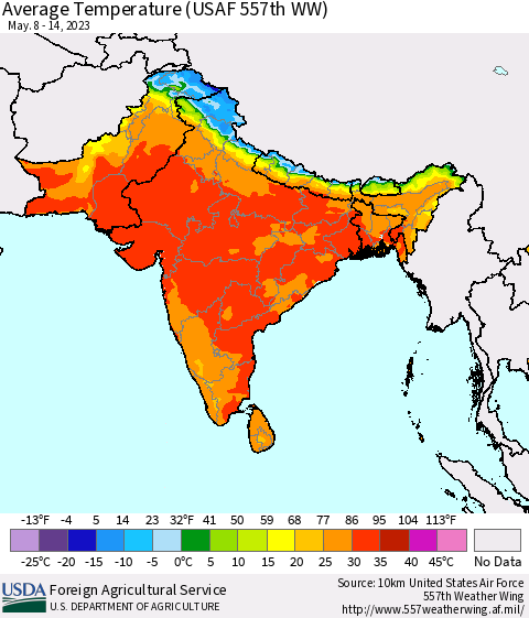 Southern Asia Average Temperature (USAF 557th WW) Thematic Map For 5/8/2023 - 5/14/2023