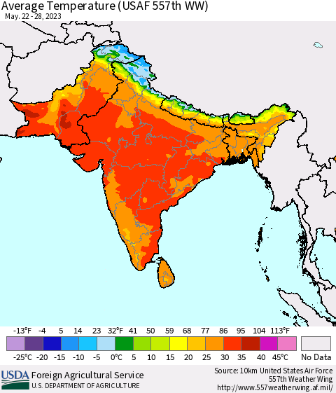 Southern Asia Average Temperature (USAF 557th WW) Thematic Map For 5/22/2023 - 5/28/2023