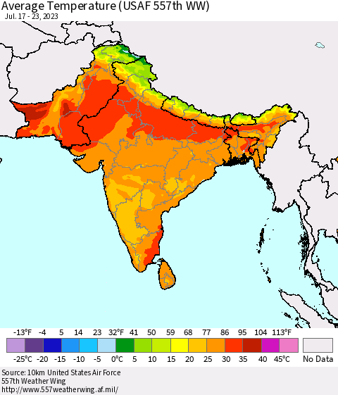 Southern Asia Average Temperature (USAF 557th WW) Thematic Map For 7/17/2023 - 7/23/2023