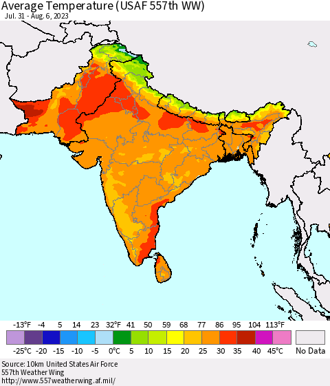 Southern Asia Average Temperature (USAF 557th WW) Thematic Map For 7/31/2023 - 8/6/2023