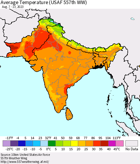 Southern Asia Average Temperature (USAF 557th WW) Thematic Map For 8/7/2023 - 8/13/2023