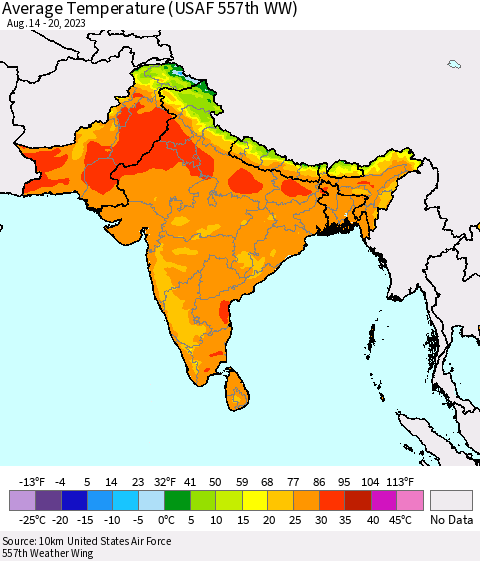 Southern Asia Average Temperature (USAF 557th WW) Thematic Map For 8/14/2023 - 8/20/2023