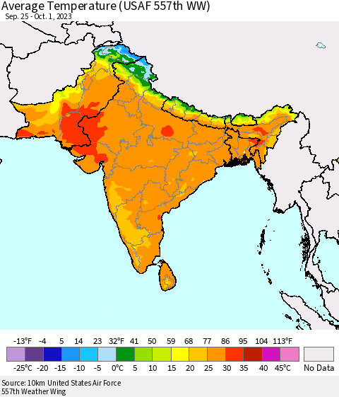 Southern Asia Average Temperature (USAF 557th WW) Thematic Map For 9/25/2023 - 10/1/2023