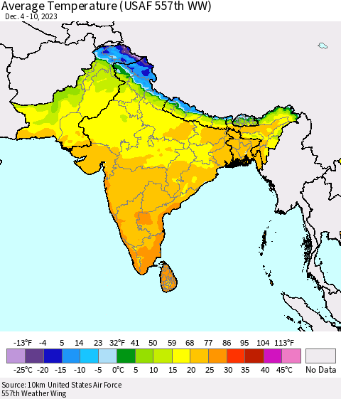 Southern Asia Average Temperature (USAF 557th WW) Thematic Map For 12/4/2023 - 12/10/2023