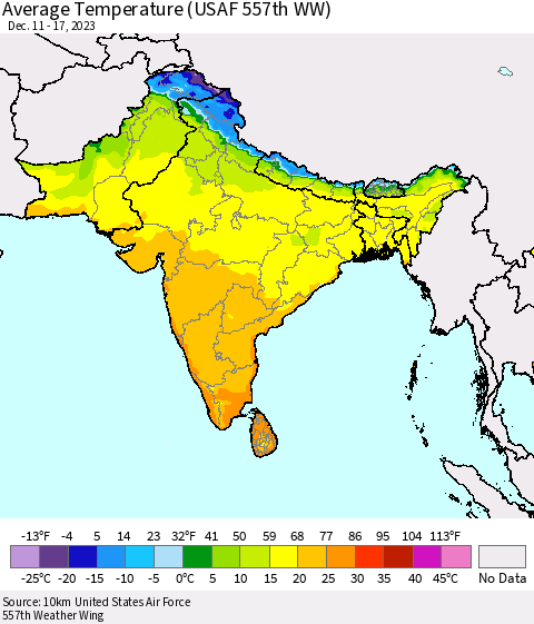 Southern Asia Average Temperature (USAF 557th WW) Thematic Map For 12/11/2023 - 12/17/2023