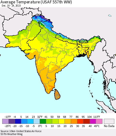Southern Asia Average Temperature (USAF 557th WW) Thematic Map For 12/18/2023 - 12/24/2023