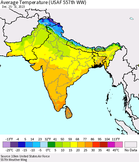 Southern Asia Average Temperature (USAF 557th WW) Thematic Map For 12/25/2023 - 12/31/2023