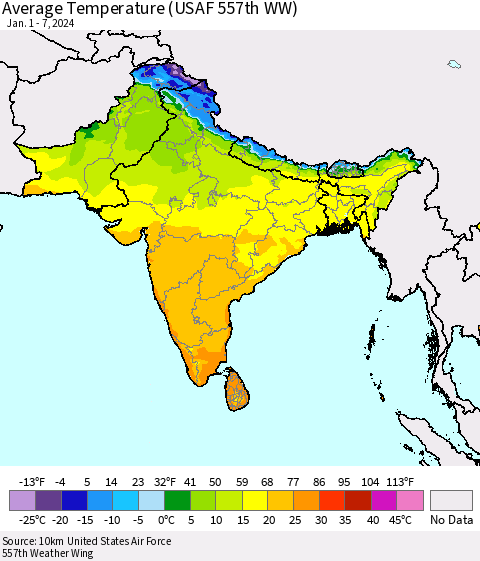 Southern Asia Average Temperature (USAF 557th WW) Thematic Map For 1/1/2024 - 1/7/2024