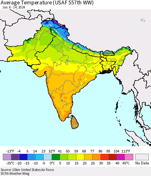 Southern Asia Average Temperature (USAF 557th WW) Thematic Map For 1/8/2024 - 1/14/2024