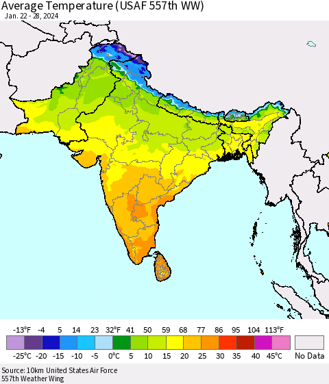 Southern Asia Average Temperature (USAF 557th WW) Thematic Map For 1/22/2024 - 1/28/2024