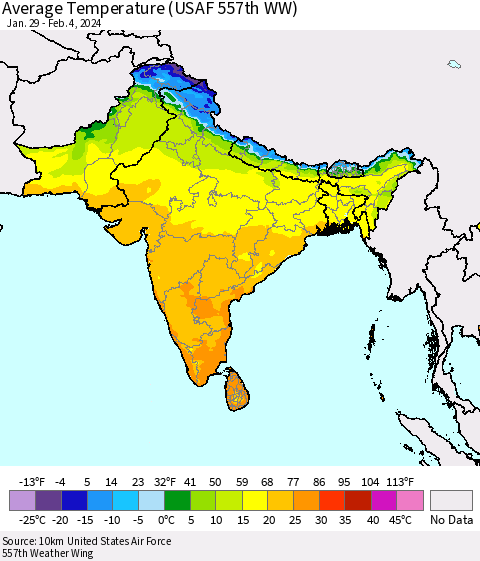 Southern Asia Average Temperature (USAF 557th WW) Thematic Map For 1/29/2024 - 2/4/2024