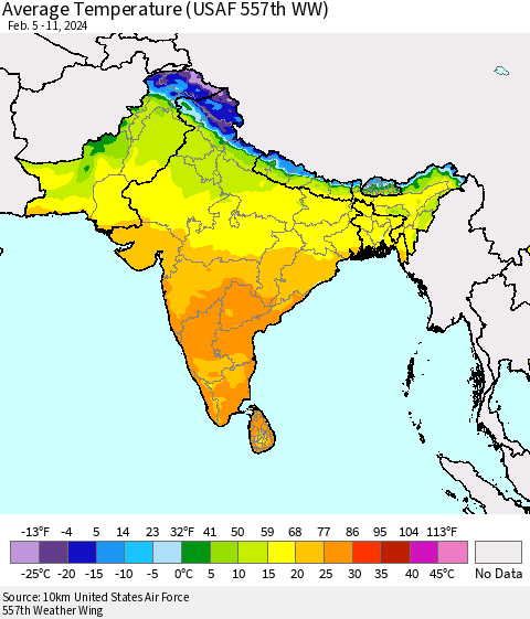 Southern Asia Average Temperature (USAF 557th WW) Thematic Map For 2/5/2024 - 2/11/2024