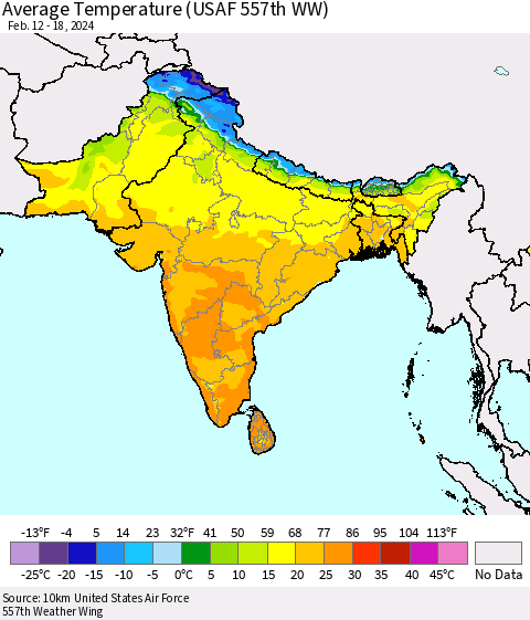 Southern Asia Average Temperature (USAF 557th WW) Thematic Map For 2/12/2024 - 2/18/2024