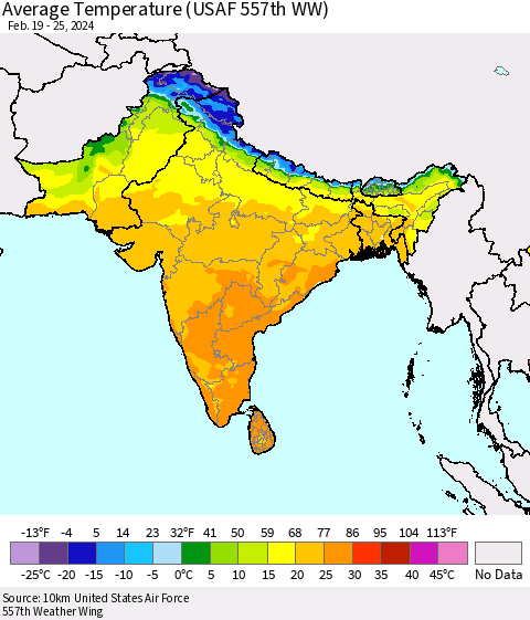 Southern Asia Average Temperature (USAF 557th WW) Thematic Map For 2/19/2024 - 2/25/2024