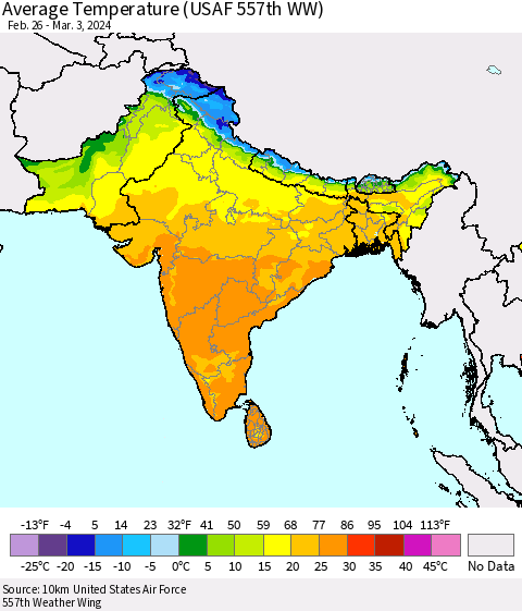 Southern Asia Average Temperature (USAF 557th WW) Thematic Map For 2/26/2024 - 3/3/2024