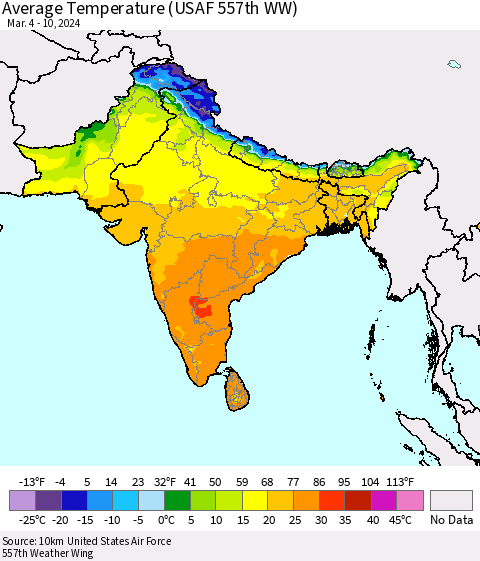 Southern Asia Average Temperature (USAF 557th WW) Thematic Map For 3/4/2024 - 3/10/2024